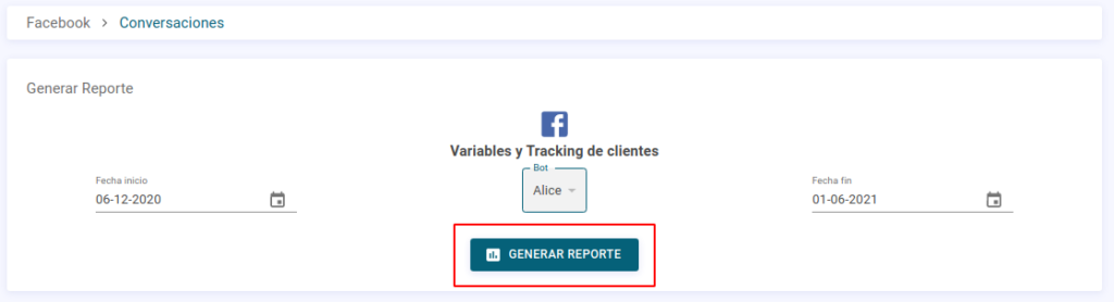 Reportes de los chats - Reporte llamdo "Variables y Tracking de clientes" haciendo énfasis en el botón "Generar reporte".