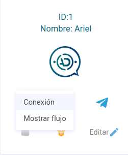 Tras hacer clic en una red social dentro del bot se despliega la opción "conexión" y "Mostrar flujo", en este caso el bot Ariel.